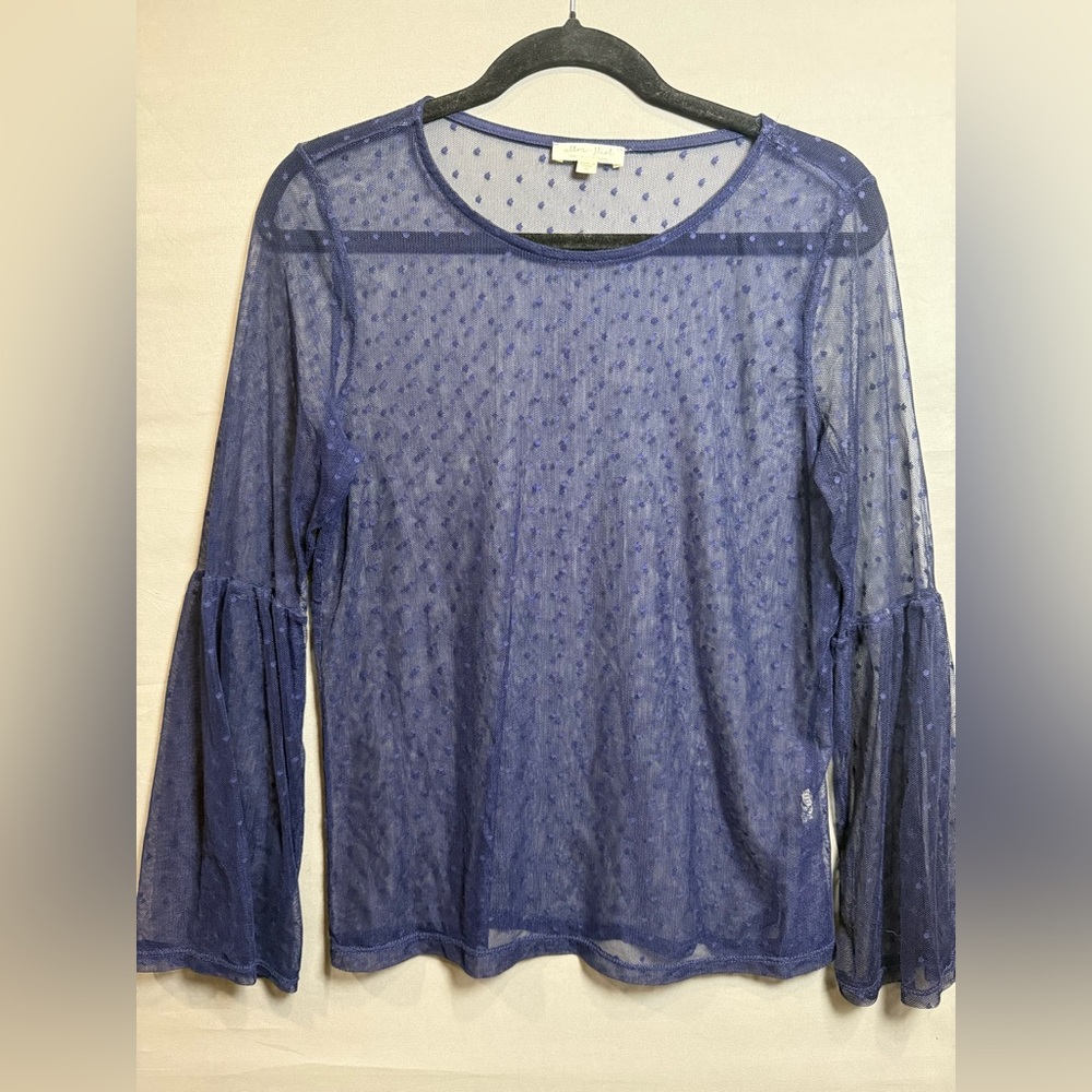 💜 Ultra‎ Flirt Womens Navy Mesh Polka Dot Sheer Blouse Top, Size Medium
